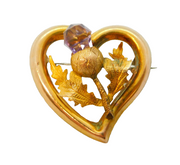 Edwardian 9ct Gold & Amethyst Scottish Thistle Heart Brooch Antique c1910