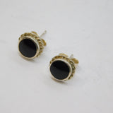Pair of Sterling Silver Black Enamel Round Patterned Stud Earrings Vintage c1970
