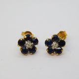 Pair of 9ct Yellow Gold, Sapphire & Diamond Daisy Cluster Earrings Vintage