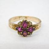 Victorian 9ct Yellow Gold, Pink Topaz & Seed Pearl Floral Ring Antique c1860s