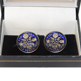 Boxed Pair of Silver Plated Vitreous Enamel Sixpence Coin Cufflinks Vintage