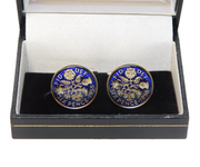 Boxed Pair of Silver Plated Vitreous Enamel Sixpence Coin Cufflinks Vintage