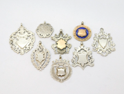 Job Lot of Antique Sterling Silver Fob Medals inc. Gold Fronts, Enamel 69g