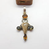 Sterling Silver Large Citrine & Agate Drop Charm Pendant Vintage c1970