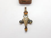 Sterling Silver Large Citrine & Agate Drop Charm Pendant Vintage c1970