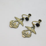 Pair of Sterling Silver Eastern Design Pearl & Onyx Earrings Vintage c1970