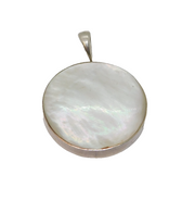 Sterling Silver Large Mother Of Pearl Round Disc Pendant Vintage c1970