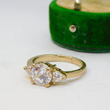 Sterling Silver Gilt Triple Crystal Set Ring Vintage c1970 Size P 1/2