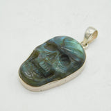 Large Sterling Silver Mounted Carved Labradorite Skull Pendant Vintage c1980s