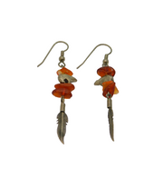 Pair of Sterling Silver Carnelian, Bear & Feather Drop Earrings Vintage c1970