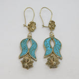Pair Navajo Sterling Silver Turquoise Floral Studio Drop Earrings Vintage c1970