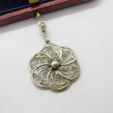 Sterling Silver Filigree Floral Swirl Charm Pendant Vintage c1970