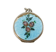 Sterling Silver & Guilloche Enamel Floral Locket Pendant Vintage c1950s
