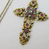 Austro-Hungarian Sterling Silver Garnet, Pearl & Enamel Cross Necklace Antique