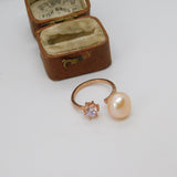 Rose Gold on Sterling Silver, Faux Pearl & Spinel Dress Ring Vintage c1970