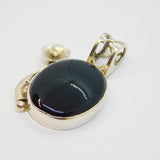 Sterling Silver Large Oval Black Onyx Agate & Flower Charm Pendant Vintage c1970