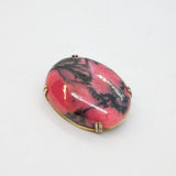 Sterling Silver Gilt Cabochon Pink & Black Rhodonite Brooch Pin Antique c1930