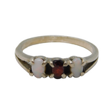 Sterling Silver, White Opal & Garnet Set Dress Ring Vintage c1970s