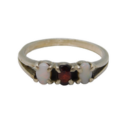 Sterling Silver, White Opal & Garnet Set Dress Ring Vintage c1970s