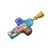 Italian Sterling Silver Gilt Millefiori Glass Cross Pendant Vintage