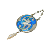 Art Nouveau Sterling Silver, Enamel & Pearl Lavalier Drop Pendant Antique