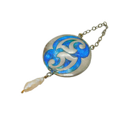 Art Nouveau Sterling Silver, Enamel & Pearl Lavalier Drop Pendant Antique