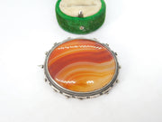 Victorian Sterling Silver Red Banded Agate Brooch Pin Antique c1860