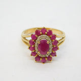 9ct Yellow Gold, Ruby & Diamond Floral Cluster Ring Vintage c1990s