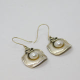 Pair of Sterling Silver Pearl Set Square Studio Hook Drop Earrings Modern c1990