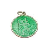 Sterling Silver Green Enamel St Christopher Travel Charm Pendant Vintage c1970s