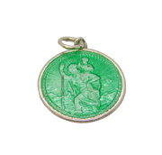 Sterling Silver Green Enamel St Christopher Travel Charm Pendant Vintage c1970s