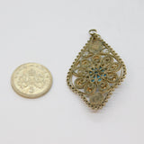 Sterling Silver Blue Glass Cabochon Set Filigree Charm Pendant Vintage c1970