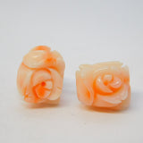 Chinese Yellow Metal Carved Angel Skin Coral Floral Stud Earrings Antique