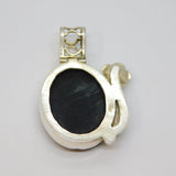 Sterling Silver Large Oval Black Onyx Agate & Flower Charm Pendant Vintage c1970