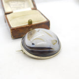 Victorian Sterling Silver Mounted Banded Agate Button Brooch Antique c1880