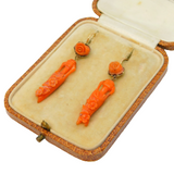 Georgian Boxed 14ct Gold, Carved Coral Flower & Urn Drop Earrings Antique