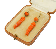 Georgian Boxed 14ct Gold, Carved Coral Flower & Urn Drop Earrings Antique