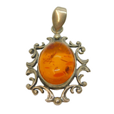 Sterling Silver Baltic Amber Oval Set Patterned Drop Charm Pendant Vintage c1970