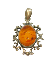 Sterling Silver Baltic Amber Oval Set Patterned Drop Charm Pendant Vintage c1970