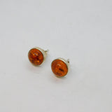 Pair of Sterling Silver Cabochon Baltic Amber Round Stud Earrings Vintage c1970