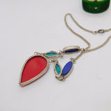 Sterling Silver, Red & Blue Hardstone Drop Necklace Vintagec 1970
