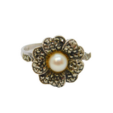 Sterling Silver Pearl & Marcasite Floral Art Deco Band Ring Antique c1930 Size Q