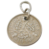 Sterling Silver 1934 Threepence Coin Charm Pendant Antique Art Deco
