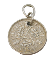 Sterling Silver 1934 Threepence Coin Charm Pendant Antique Art Deco