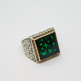 Sterling Silver Brass Fronted Green Glass Gothic Style Ring Vintage c1970 Size O