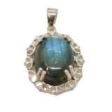 Sterling Silver Labradorite Oval Cabochon Drop Pendant Vintage c1970