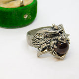 Pewter Dragons Head Brown Glass Set Statement Ring Vintage c2000 Size U