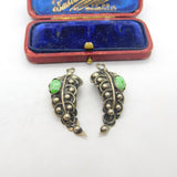Sterling Silver Leaf Drop Cabochon Turquoise Set Clip-On Earrings Antique c1930