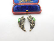Sterling Silver Leaf Drop Cabochon Turquoise Set Clip-On Earrings Antique c1930