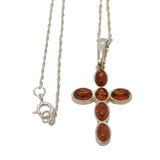 Sterling Silver Baltic Amber Set Cross Pendant Necklace Vintage c1980s